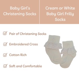 Baby Christening Socks - Baby Girls Frilly Socks with Cross, British Made, Cream or White (UK, Age, 12 Months, 24 Months, White)