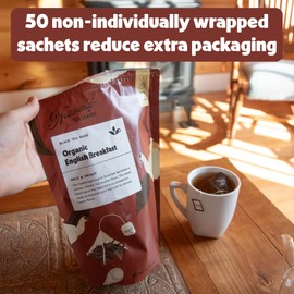 Heavenly Tea Leaves Organic English Breakfast (50 Pyramid Tea Bags), Bulk Compostable Black Tea Sachets - 100% Plastic Free, Premium Quality, Whole Tea Leaves in a Convenient Tea Bag