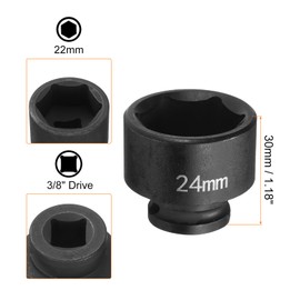 QUARKZMAN 3/8 Inch Deep Impact Socket Set 24 mm Metric Hex Shank 30 mm Long CR-MO Steel Industrial Impact Wrench Adapter for Home Car Garage Repair, Black