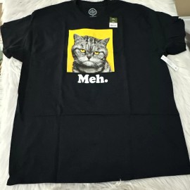 DOM mens NEW Tee meme Cat Meh. Black short sleeve XL crew