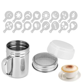 Flour Shakers with Handle Stainless Steel Container Sifter Chocolate Powder Shaker with 16 Coffee Molds Stencils for Kitchen DIY Cappuccino Sugar Cocoa Flour Latte Coffee