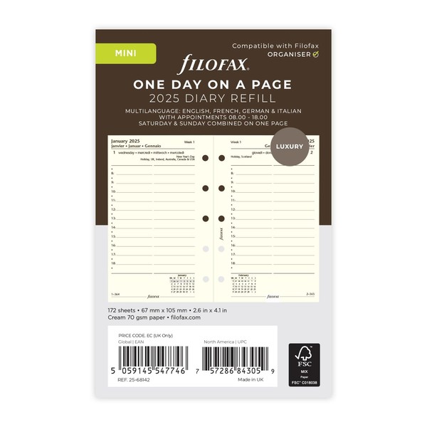 Filofax 2025 Mini Diary 4 Language Day to Page Cream