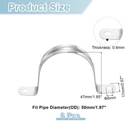 sourcing map 6Pcs Rigid Pipe Straps, 50mm(1.97") 304 Stainless Steel 2 Hole U-Shaped Bracket Tube Hanger Pipe Clamps for Fixing Pipe Cable