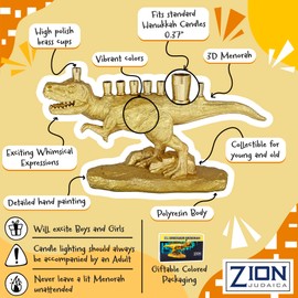 Zion Judaica Gold Dinosaur Menorah 3D Polyresin with Brass Cups Functional Kids Dino Candle Menorah Fits Standard Chanukah Candles Collectible Hanukkiah