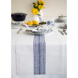 Solino Home Linen Stripe Table Runner 14 x 72 Inch 100% Pure Linen Farmhouse Stripe Navy and White Table Runner by Solino Home Machine Washable