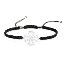 Queenberry Sterling Silver Cubic Zirconia CZ Cross Faith/Four Clover Leaf Black Hand Braided Adjustable Cord Friendship Sideways Bracelet
