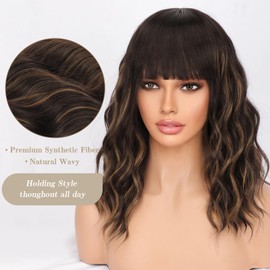 Nnzes Wig with Bangs for Women Shoulder Length Bob Wavy Women's Charming Synthetic Dark Brown mixed blonde highlight Wigs with Natural Curly Heat Resistant Hair for Daily Party Use