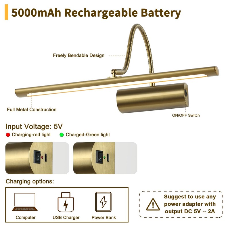 JOOSENLUX Battery Operated Picture Lights Gold Wall Lights Wireless Flexible