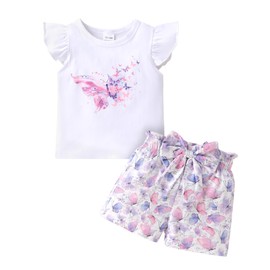 YOUNGER TREE Toddler Baby Girl Clothes Ruffle Short Sleeves T-Shirt Tops and Shorts Set Cute Summer Outfits (Butterfly, 6-12 Months)