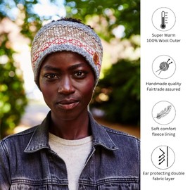 Pachamama Women Wool Ear Warmer Headband Fleece Lined Handknitted Fairisle Multicoloured One-Size Handmade Fair Trade (Grey, One size)