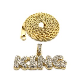 NYFASHION101 Stone Stud Bubble Letter King Pendant with 3mm 18" Rope Chain Necklace, Gold-Tone