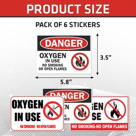 Pack 6 Pcs No Smoking Oxygen in Use Sticker for House Vehicles Caution Labels Warning Signs Indoor Outdoor Front Door Window Bumper Stickers Removable Vinyl Decal Home Accessories