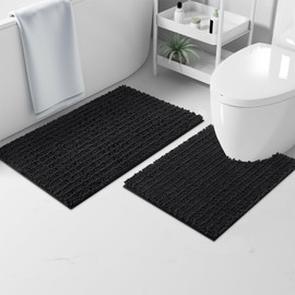 OLANLY Luxury Chenille Bath Mat, Extra Soft Thick Absorbent Shaggy Bathroom mat, Non-Slip Machine Wash Dry Plush Bath Mats for Bathroom, Shower, and Tub (24"x16", Black)