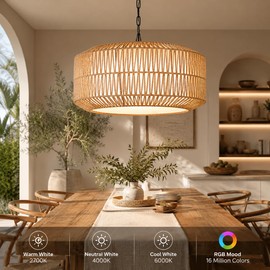 Lovefindahome Large Handwoven Rattan Pendant Light, Boho Wicker Chandelier for Dining Room & Kitchen Island, Dimmable Hanging Ceiling Lamp with Warm White, Cool White & RGB Ambient Lighting, 21.7"