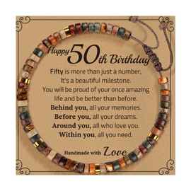 AIQIUQIU Red Pine Weaving Bracelet, 50th Birthday Gifts for Girls Women Her, Adjustable Braided Cord Natural Wood Bracelet with Quote Card- Happy 50th Birthday, and Exquisite Packaging Box