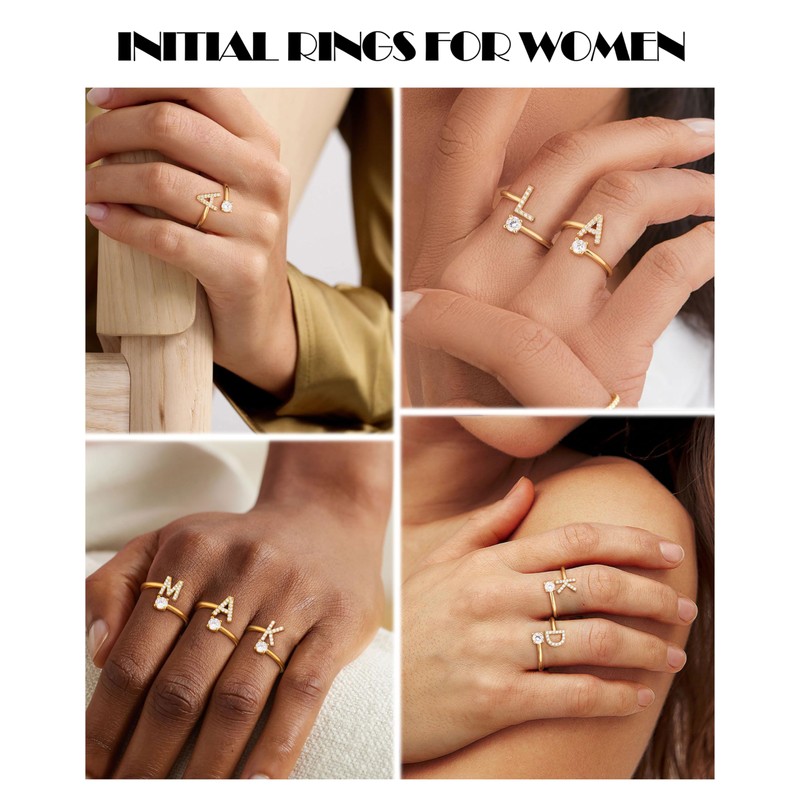 Gold Silver Initial Rings for Women Non Tarnish Dainty 14k