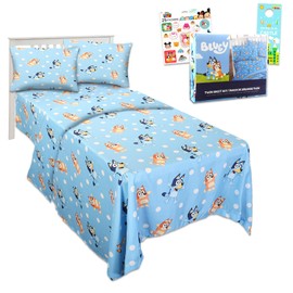 Bluey Twin Bedding Set - Bundle With Bed Sheets, Flat Sheet, Fitted Sheet, Pillowcase, and Stickers | For Boys and Girls