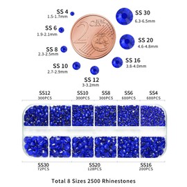 Beadsland 2500pcs Blue Rhinestones, Flatback Gems Round Crystal Rhinestones for Crafts Mixed 8 Sizes SS4 ~ SS30 with Picking Tweezers and Pen (Sapphire Blue)