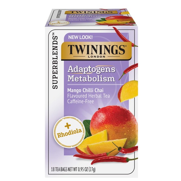 Twinings Superblends Adaptogens Metabolism with Rhodiola, Mango Chili Chai Herbal Tea Caffeine-Free, 18 Tea Bags (Pack of 6)