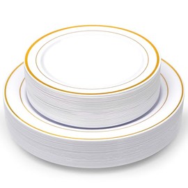 Homy Feel 60PCS Round White Plastic Plates with Gold Rim Includes:30 Dessert Plates 7.5" Plates And 30 Dinner Plates 10.25" Plates Disposable Plates For Party Supplies