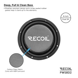 RECOIL PWS8D4 Car Audio Subwoofer 8 Inch 500 Watts Power Dual 4 Ohm Voice Coil