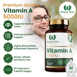 Royal Oak Health Vitamin A 5000IU | 60 Vegan Capsules | Retinyl Acetate | Supports Vision, Skin & Immune Function | Gluten & Dairy Free | Made in Britain