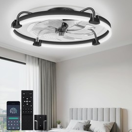 OUTON 24" Ceiling Fan with Light, Remote & App Control, Fandelier Low Profile Flush Mount Ceiling Fan with 3000K-6500K Stepless Dimmable, 6 Speed, Quiet DC Motor, Modern Ceiling Fans for Bedroom Black