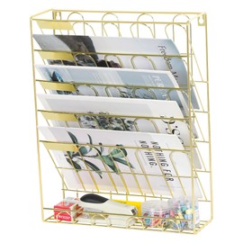 TQVAI Wall File Organizer, 5 Tier Hanging File Organizer with Bottom Tray, No Assembly Required Metal Wall Mount File Holder for Office Home Classroom, Gold