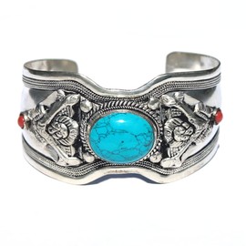 Single Stone Blue Stabilized-Turquoise Adjustable Cuff Bracelet with Decorative Notched Band | Jewelry for Men & women