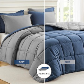 Homelike Moment California King Comforter Set Blue, Cal King Comforter Set Lightweight Reversible Down Alternative Bed Comforters All Season Soft 3 Piece Sets with 2 Sham Blue/Grey