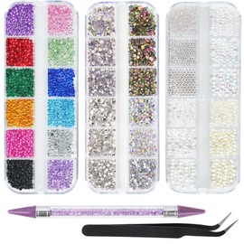 EARLMONI 5200PCS Rhinestones, Crystal AB Nail Art Gems with Nail Pearls, Pick Up Tweezers, Rhinestone Picker Dotting Pen, Flat Back Gems for Nails, Clothes, Face, Craft
