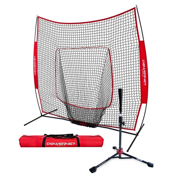 PowerNet Baseball Softball Practice Net 7x7 with Travel Tee | Practice Hitting, Pitching, Batting, Fielding | Portable Backstop (Red)