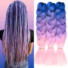 Blue Purple Pink Braiding Hair Extensions Ombre Braiding Hair 3 Packs 24 inch Synthetic Hair for Braiding