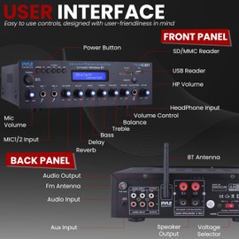 Pyle Wireless BT Stereo Amplifier - Multi Channel, 200 Watt Power, Home Audio Receiver System with FM Radio, BT, USB SD, AUX, RCA, Mic-in, BT and FM Antenna - PDA63BT