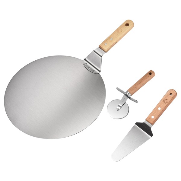 Kitchtic Pizza Serving Set of 3 - Pizza Roller, Pizza Peel and Pizza Shovel, 30 cm Silver Stainless Steel Pizza Peel with Wooden Handle for Baking Homemade Pizza