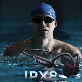 IHAO Swimming Headphones True Bone Conduction Open Ear Headset MP3 Player Built-in 32G Memory IP68 Underwater Waterproof Stereo Bluetooth Earphone for Driving Bicycling Running Skiing-X10 Black