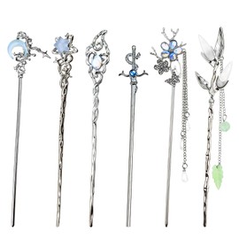 6PCS Star Moon Hair Sticks for Buns Long Hair Chinese Hanfu Asian Vintage Hair Chopsticks Metal Silver Hair Bun Updo Holders Long Hairpins for Women Girls