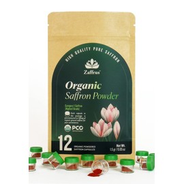 Zaffrus - Certified Organic Premium Saffron Powder for Cooking Saffron Rice, Paella, Risotto, Soup, Desserts & Herbal Teas. Pack of 12 (1.5 gram/ .05 Oz)