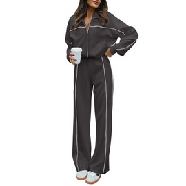 BTFBM Women's Two Piece Tracksuit Fall 2025 Long Sleeve Zip Up Sweatshirt Long Pants Outfits Jogger Sweatsuit Sets(Dark Grey,Large)