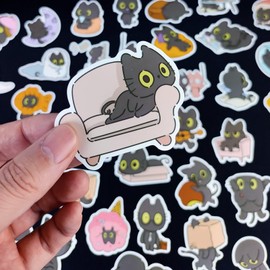 50PCS Black Cat Stickers - Waterproof PVC Vinyl, Reusable, Residue-Free, DIY Decals for Guitar, Laptop, Suitcase, Water Bottle, Gift for Cat Lovers