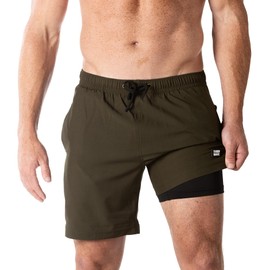 Third Wave Swim Trunks with Compression Liner - Men's Premium 7 Inch Inseam Quick Dry Swim Shorts for Beach and Swimming, Olive, X-Large