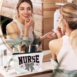 SQQCMM Bow Nurse Makeup Bag - Trendy Nurse Themed Gifts for Lovers Girls Mom Women, Nursing Student Gifts, Canvas Zipper Makeup Bag, Cosmetic Travel Bags for Women