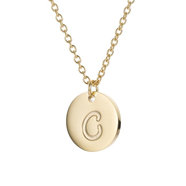 HUAN XUN Stainless Steel Stamped Script Disc Initial Pendant Necklace