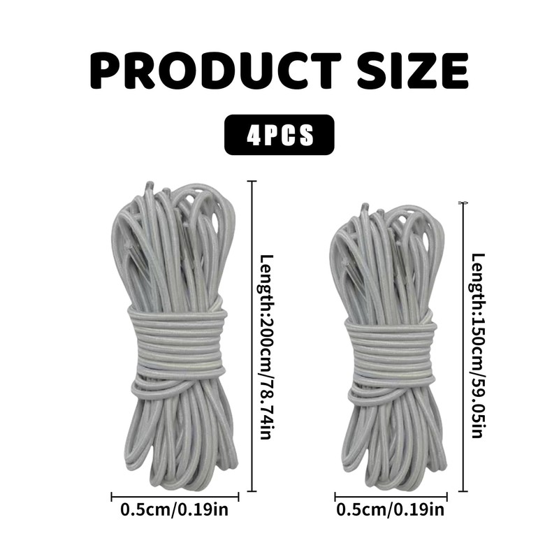 4 Pcs 5mm Universal Replacement Elastic Cord,Elastic String 7.8m(1.5m*2+2.4m*2),White Drawstring