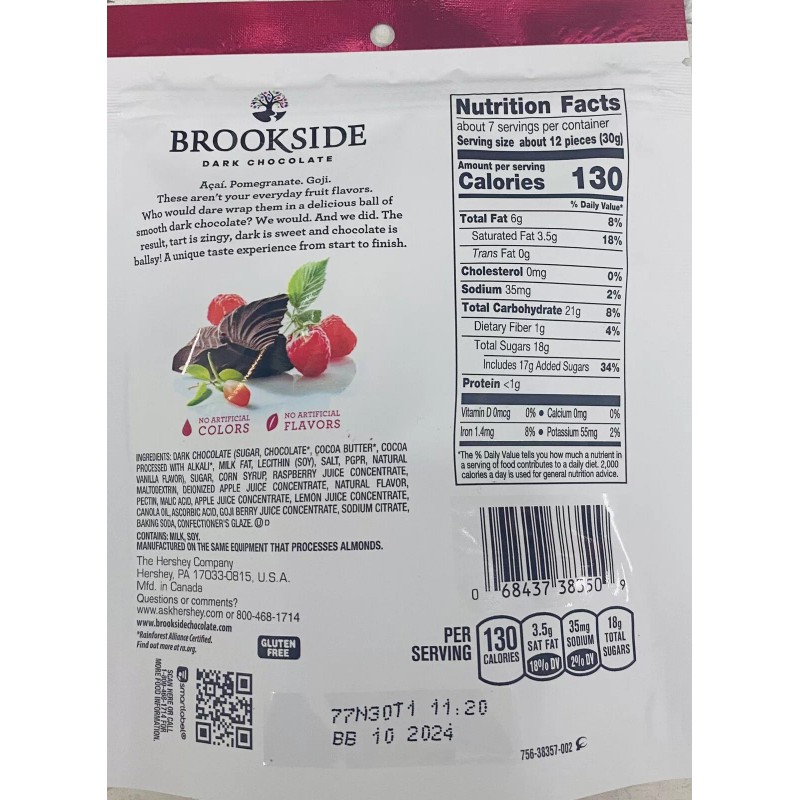 Brookside Dark Chocolate GOJI & RASPBERRY FLAVORS 7 Oz Bag