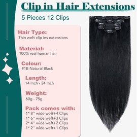 Rich Choices Clip-In Real Hair Extensions, Pack of 5, 45 cm, #1B Black Hair Extensions, Real Hair, Remy Silky Straight, Invisible Clip-In Hair Extensions, Natural, Thin Wefts