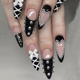 24Pcs Gothic Press on Nails Medium Almond Fake Nails with 3D Rivets Steel Balls Designs White Bow False Nails Black Stick on Nails Goth Acrylic Nails Full Cover French Tip Glue on Nails for Women