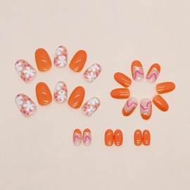 Generic 24Pcs Oval Press on Nails, Short Fake Nails, Orange with Purple Swirl & White Flower Designs, Gold Glitter, Stick on Full Cover Reusable Acrylic Nails for Women