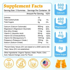 High Absorption Calcium Gummies, Sugar Free Calcium Magnesium Supplement with Potassium Vitamin D3 for Men and Women - Vegan, Orange Flavor 60 Cts
