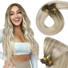 Sunny Hair U Tip Hair Extensions Human Hair Invisible Keratin Hair Extensions Straight Hair Extensions for Women 50G Cool Ash Grey Balayage Platinum Blonde 24inch